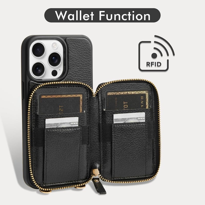 ZVE for iPhone 15 Pro Wallet Case, Crossbody Phone Purse with Card Holder for Women, Zipper Leather RFID Blocking Carrying Cover with Wrist Strap for iPhone 15 Pro 6.1 inch- Black - Image 2